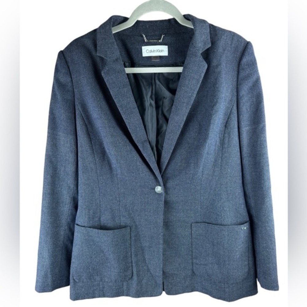 Calvin Klein women’s blue tweed single button business office blazer 14 flaw